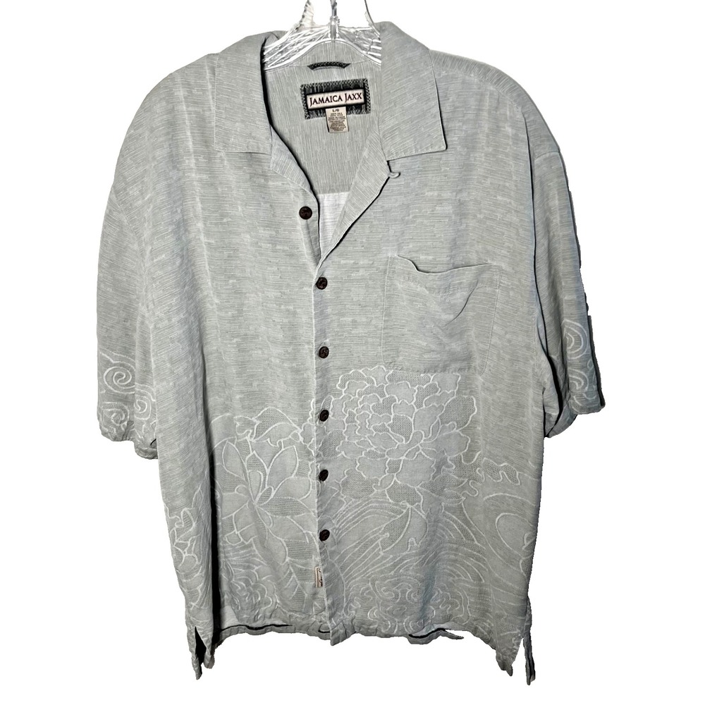 Jamaica‎ Jaxx Green Sage 100% Silk Hawaiian Floral Button Up Shirt Size Large L